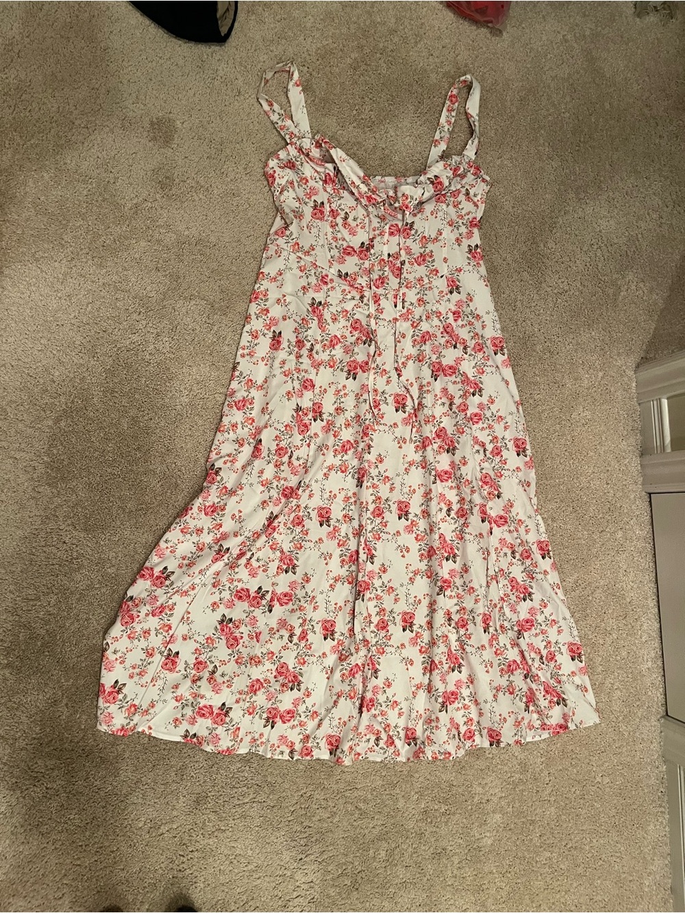 Floral Tie-Front Sundress in White with Pink Roses
